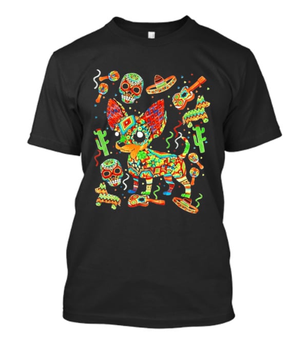 Fiesta Chihuahua Mexican Dia De Los Muertos Colorful Skull Sombrero Cactus Dog T-Shirt