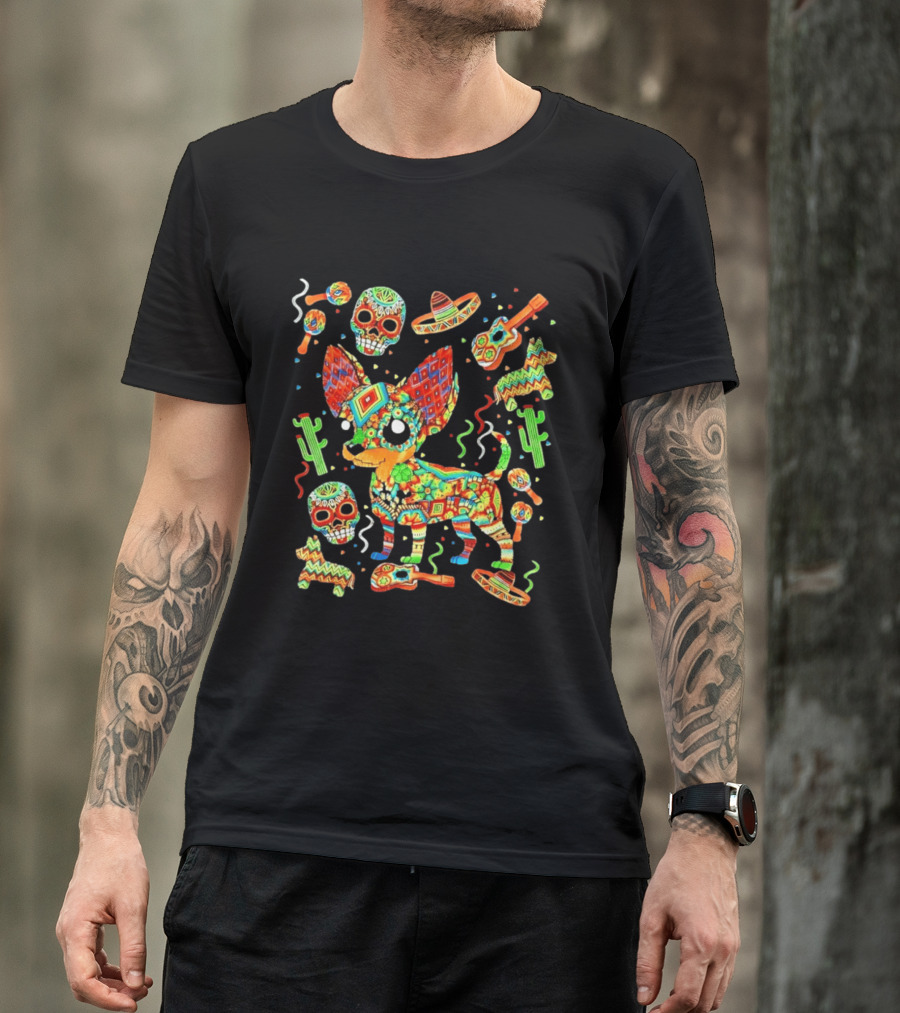 Fiesta Chihuahua Mexican Dia De Los Muertos Colorful Skull Sombrero Cactus Dog T-Shirt