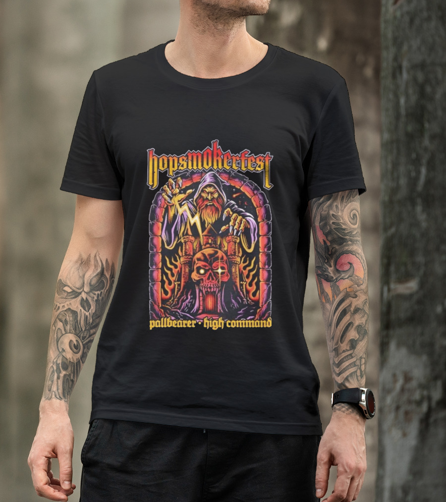 Hopsmokerfest Pallbearer High Command Wizard Lightning Bolt Skull Castle T-Shirt