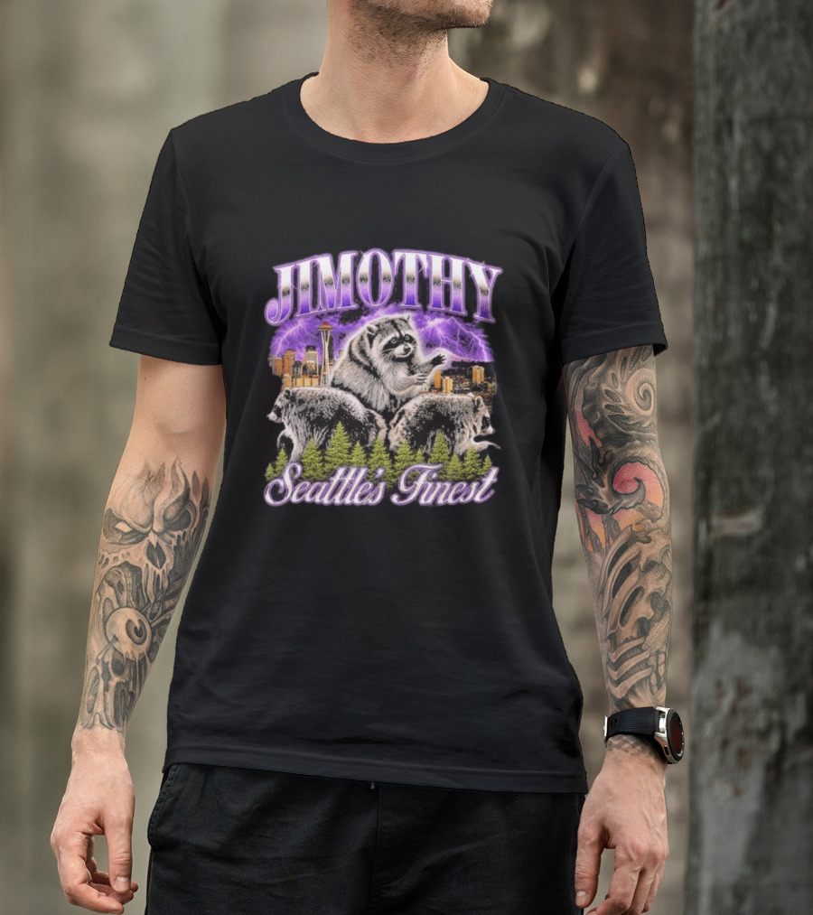 Jimothy Raccoon Seattle's Finest Purple Lightning Skyline And Forest T-Shirt