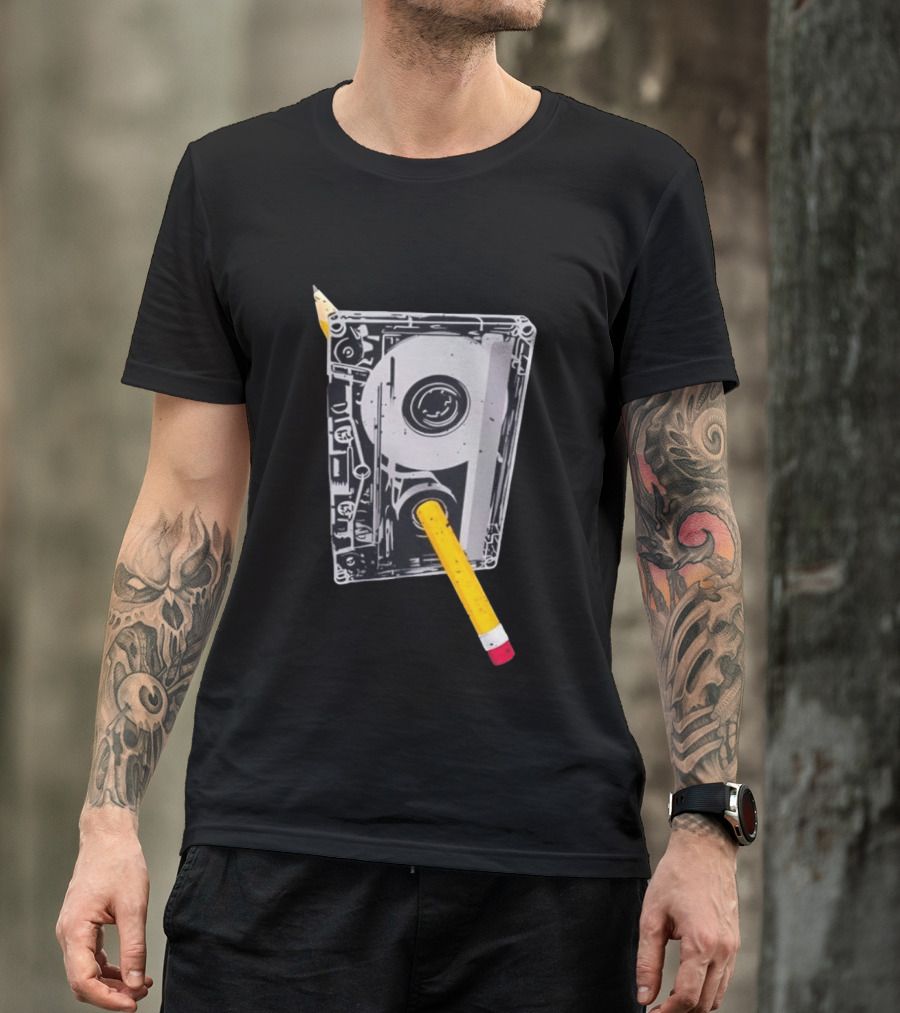 Rewind The Past Cassette Tape Pencil T-Shirt