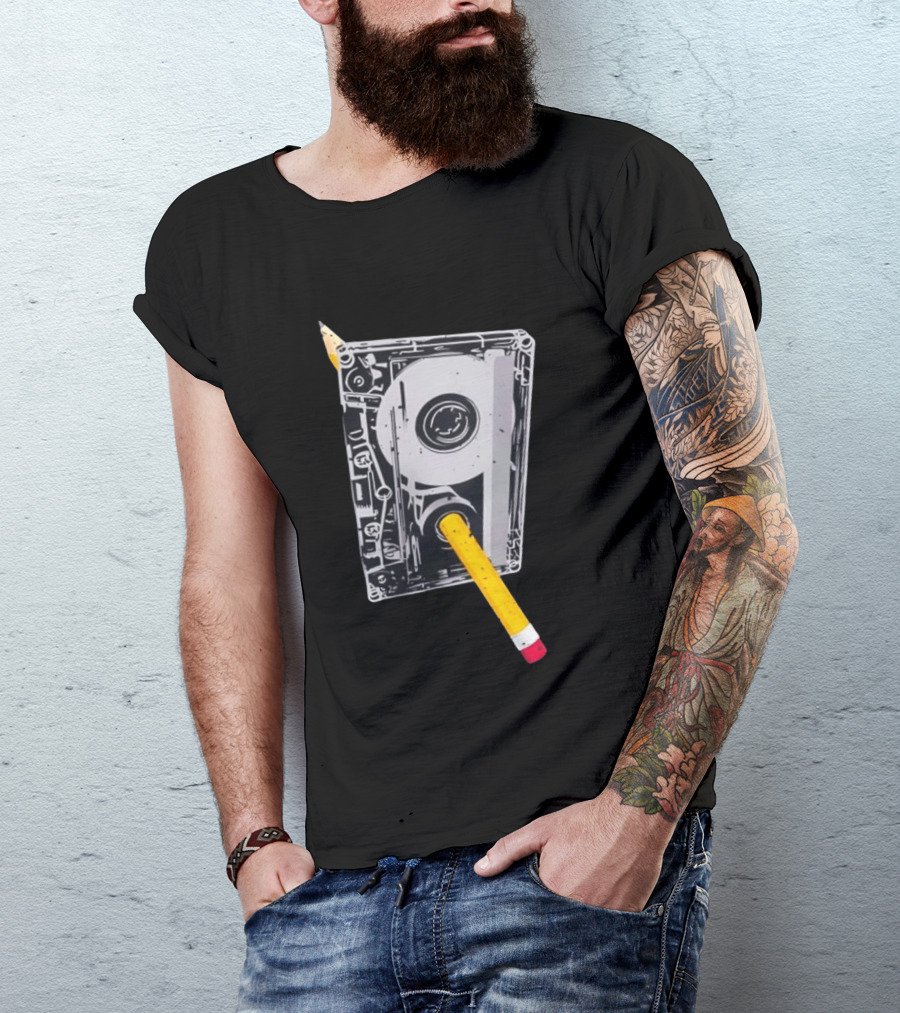 Rewind The Past Cassette Tape Pencil T-Shirt