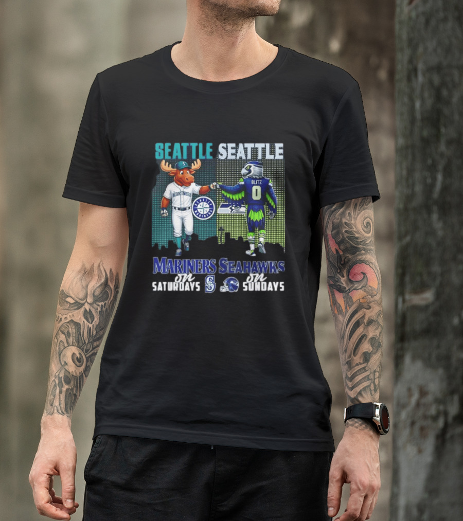 Seattle Mariners Moose And Seahawks Blitz On Saturdays Sundays T-Shirt