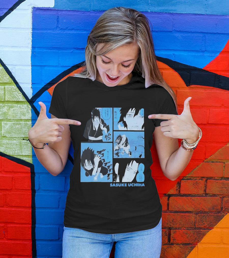 Sasuke Uchiha Cursed Seal Battle Manga Panels Blue Version T-Shirt
