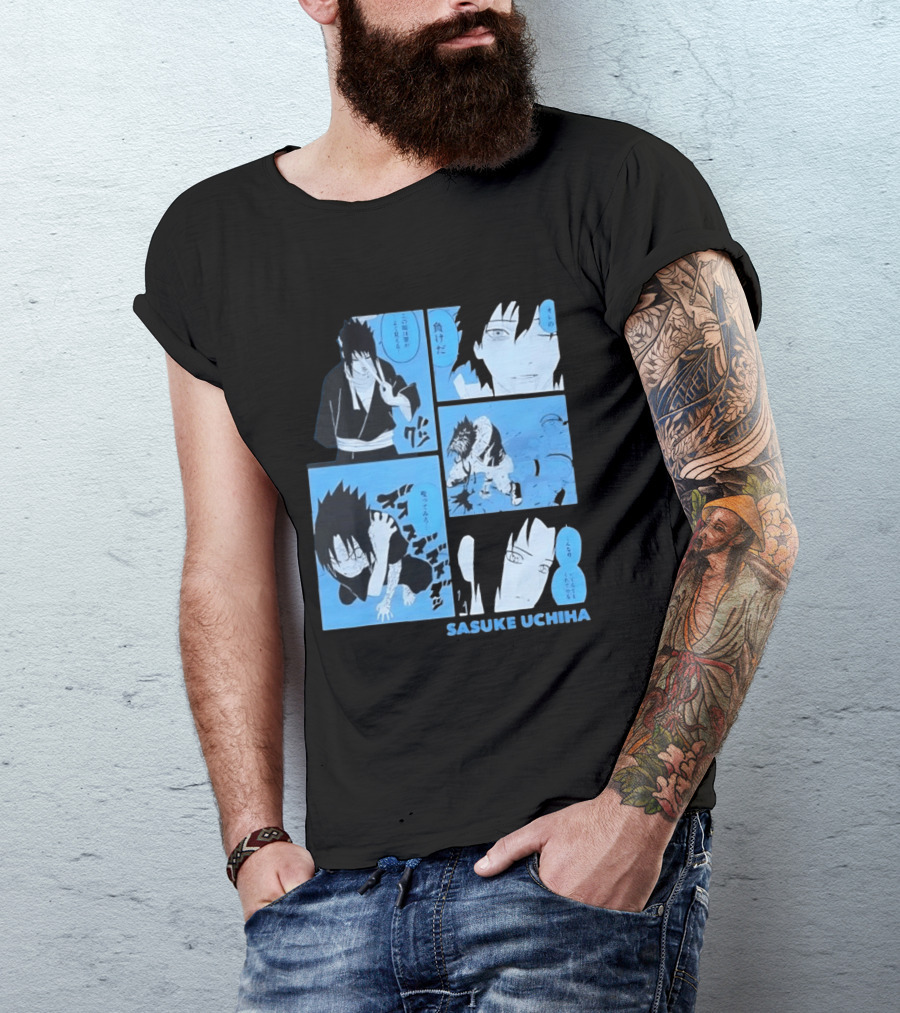 Sasuke Uchiha Cursed Seal Battle Manga Panels Blue Version T-Shirt