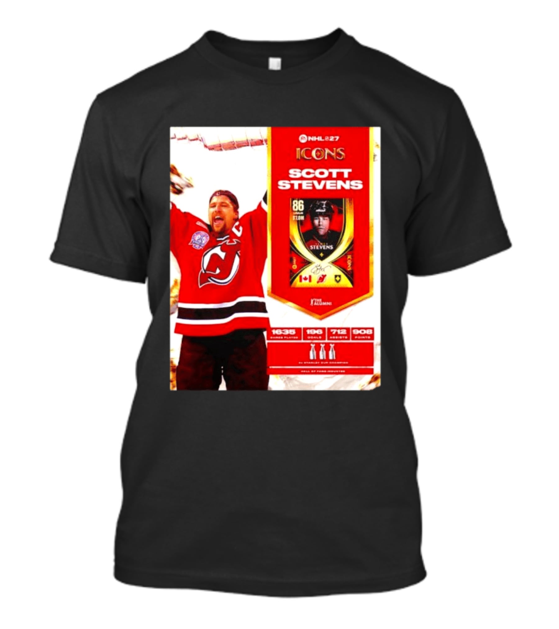 NHL 27 Icons Scott Stevens New Jersey Devils Hall Of Fame Legend T-Shirt