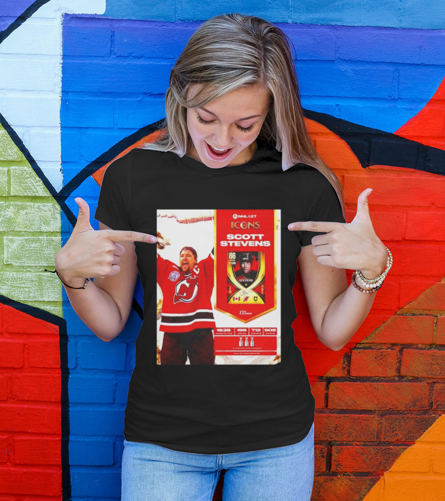 NHL 27 Icons Scott Stevens New Jersey Devils Hall Of Fame Legend T-Shirt