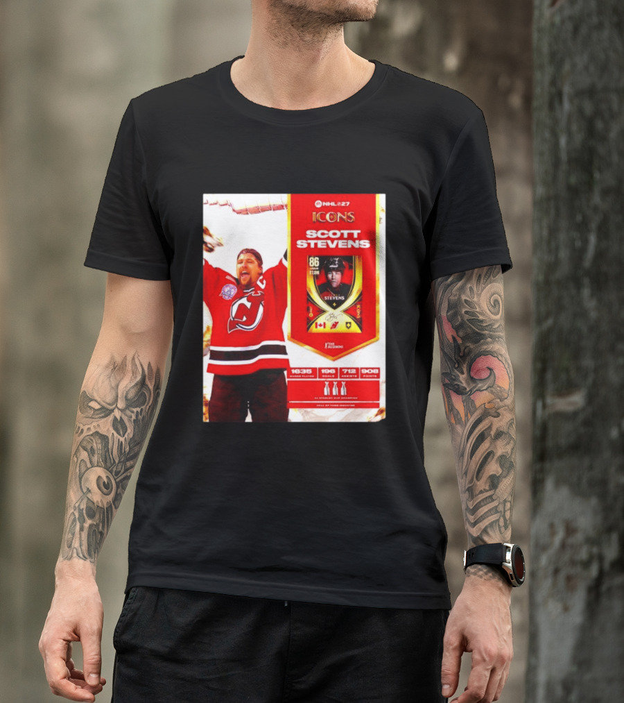 NHL 27 Icons Scott Stevens New Jersey Devils Hall Of Fame Legend T-Shirt