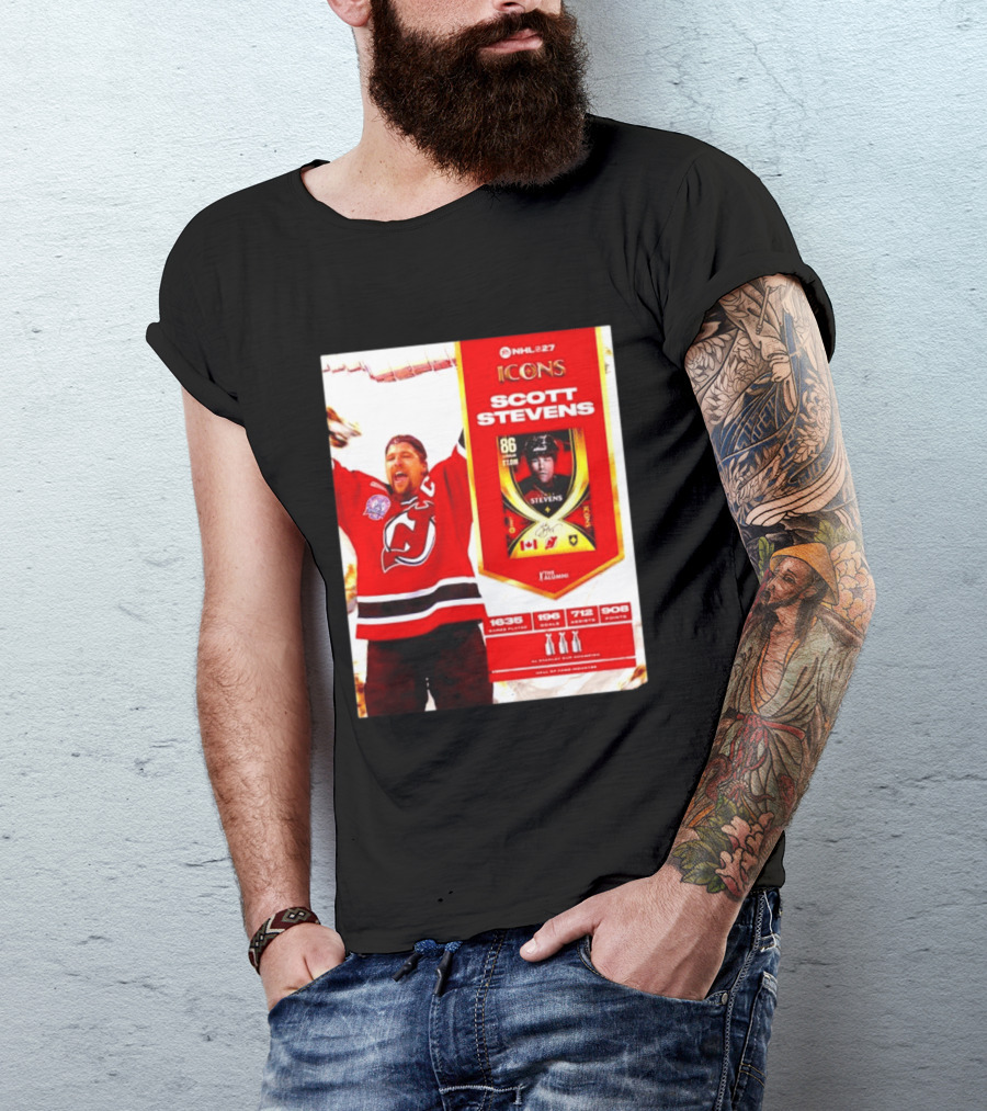 NHL 27 Icons Scott Stevens New Jersey Devils Hall Of Fame Legend T-Shirt