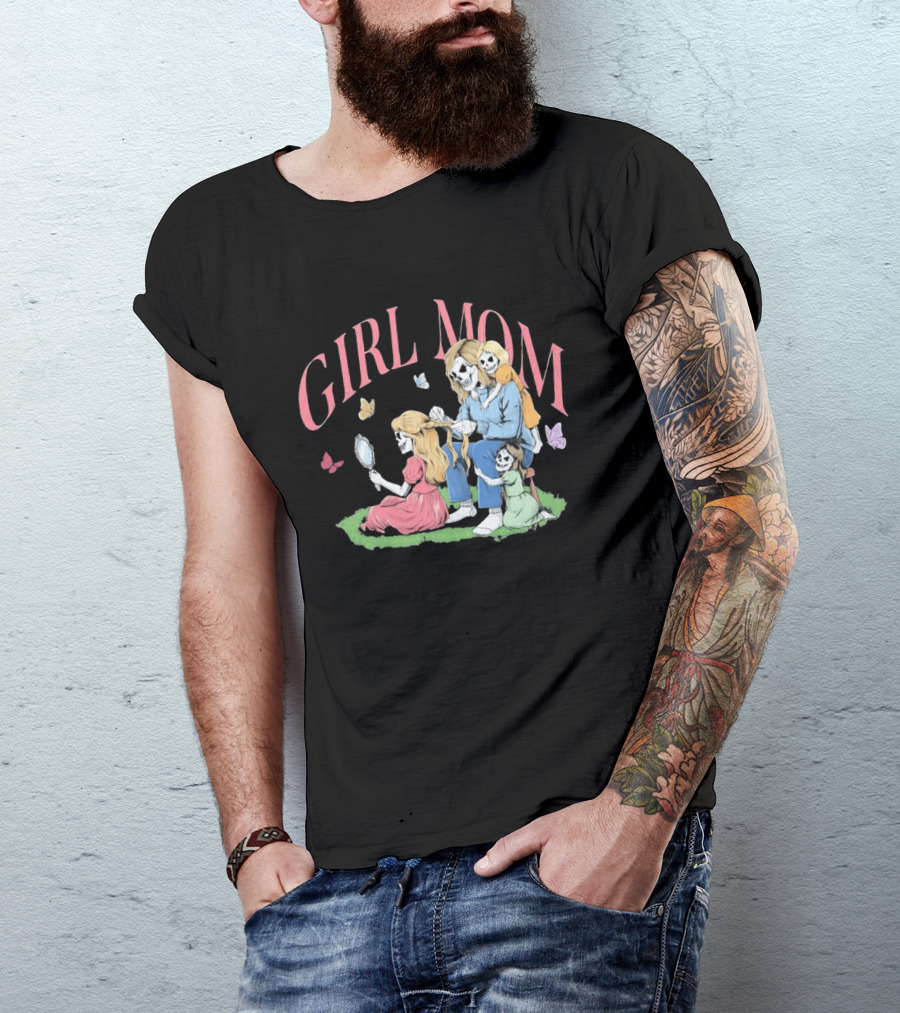 Girl Mom Skeleton Mother Braiding Hair With Daughters And Butterflies T-Shirt