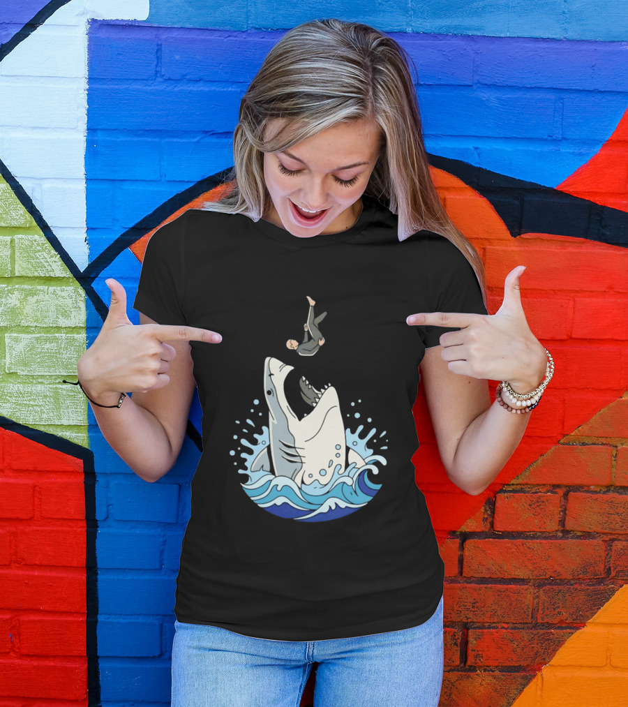 Great White Shark Surfer Falling Water Splash Scene T-Shirt