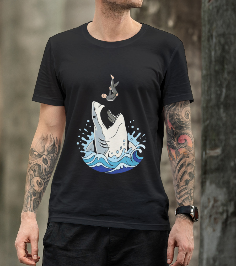 Great White Shark Surfer Falling Water Splash Scene T-Shirt