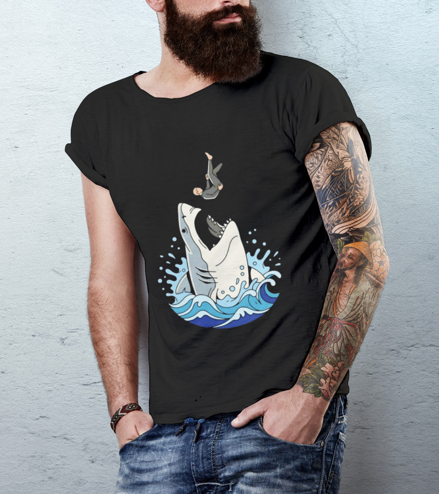 Great White Shark Surfer Falling Water Splash Scene T-Shirt