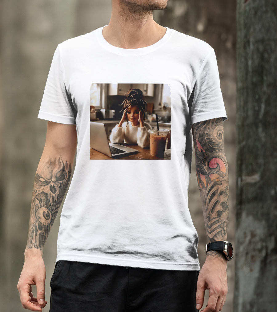 Crashing Out Barbie Girl With Coffee And Laptop Vibes T-Shirt