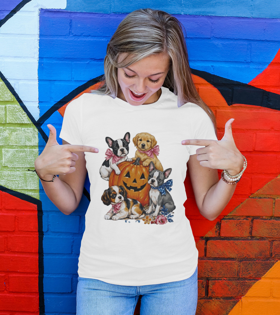 Puppies With Pink And Blue Bows Jack O' Lantern Pumpkin Halloween T-Shirt