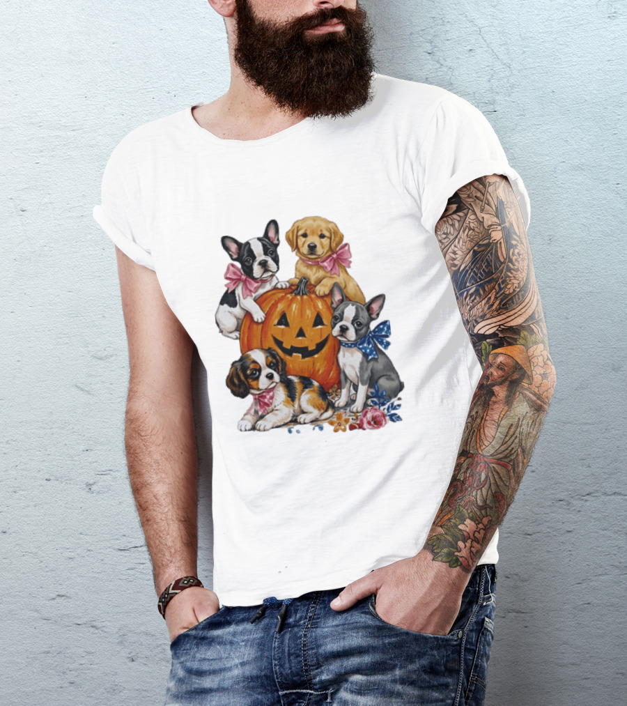 Puppies With Pink And Blue Bows Jack O' Lantern Pumpkin Halloween T-Shirt