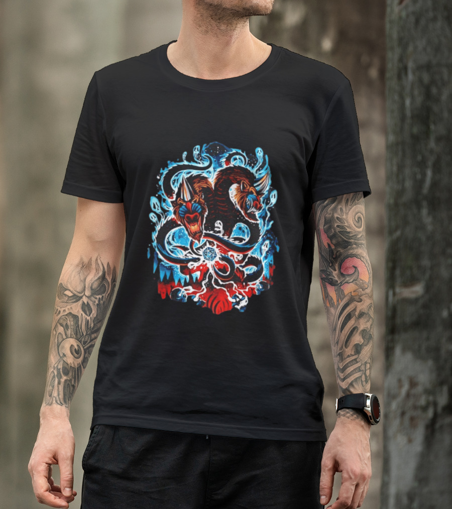 Demogorgon Dungeons And Dragons Two Heads Souls Blue Flames 20 T-Shirt