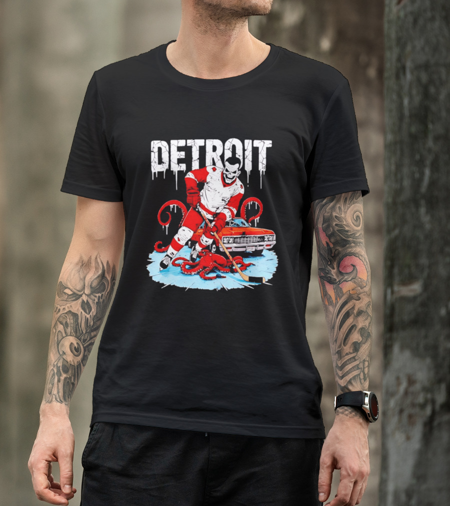 Detroit Hockey Skeleton Octopus Muscle Car T-Shirt