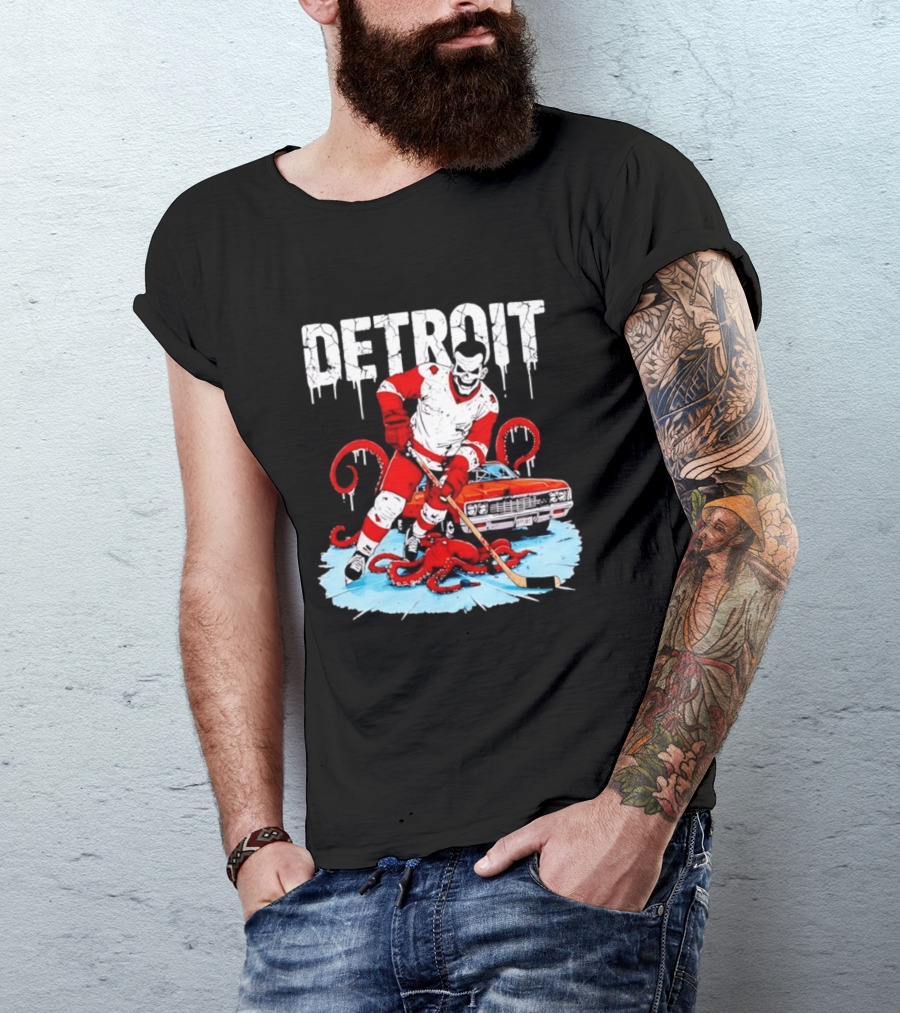 Detroit Hockey Skeleton Octopus Muscle Car T-Shirt