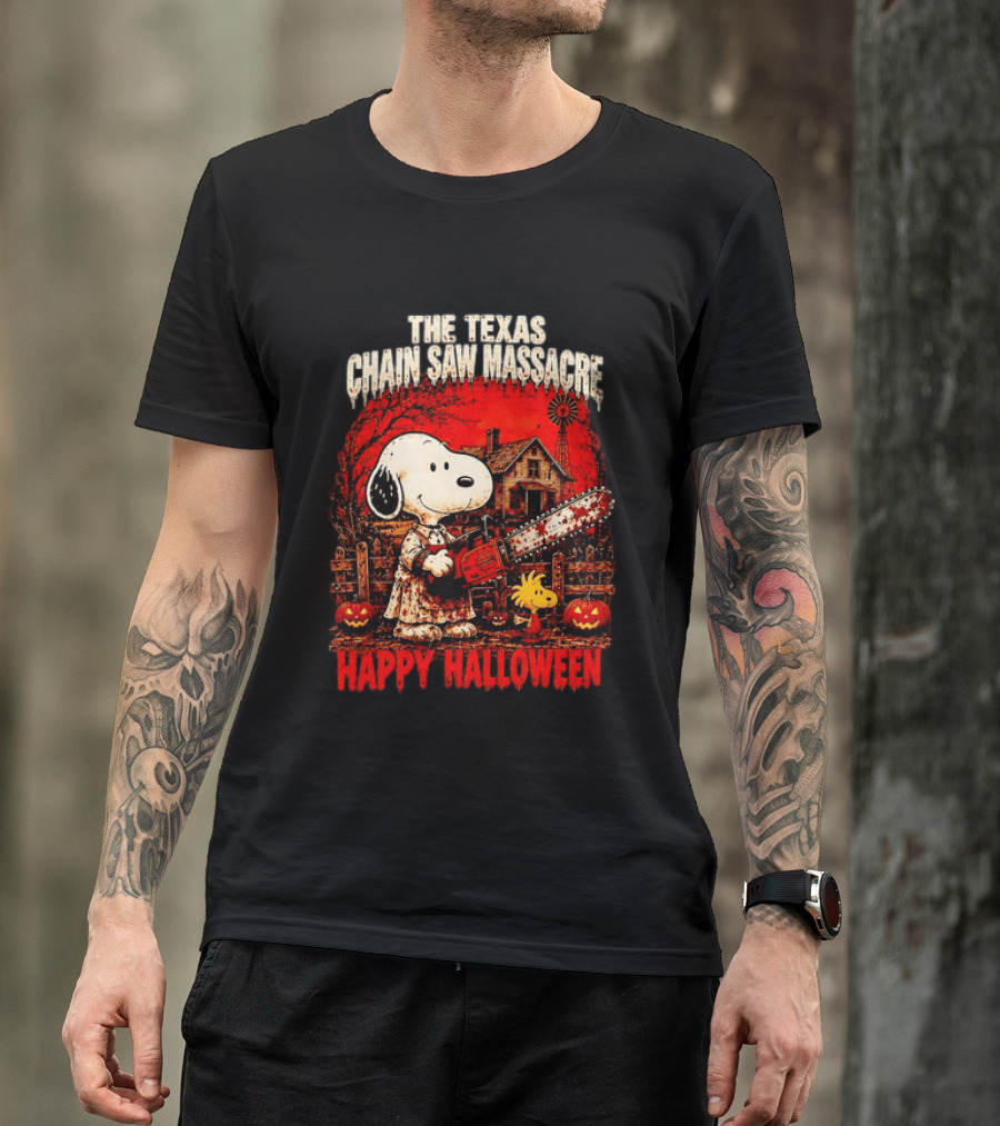 Snoopy Woodstock The Texas Chain Saw Massacre Happy Halloween Scene T-Shirt