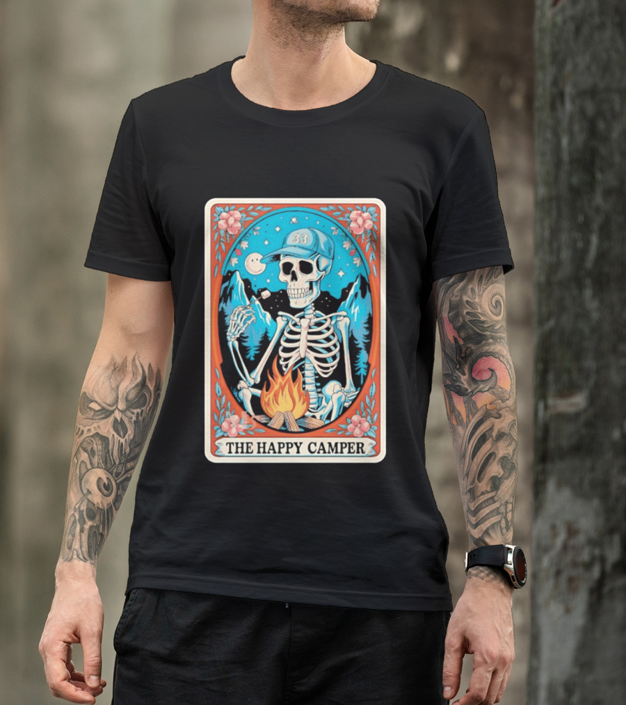 The Happy Camper Skeleton 33 Marshmallow Campfire Scene T-Shirt