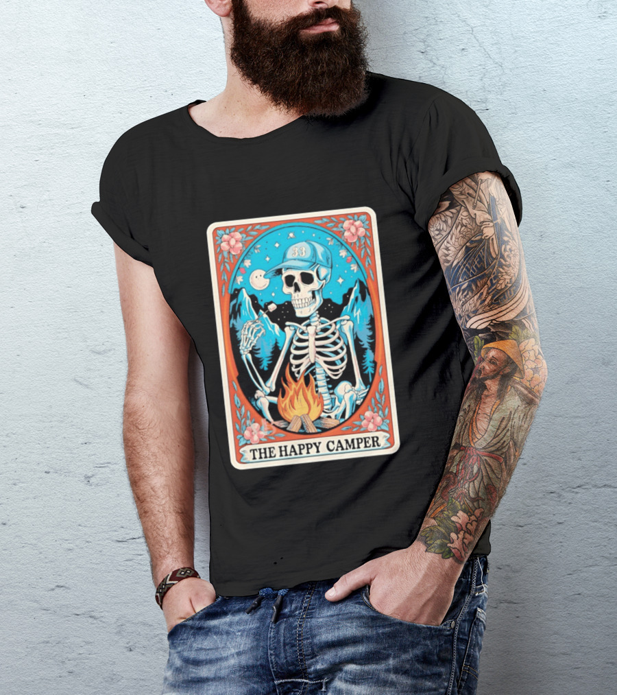 The Happy Camper Skeleton 33 Marshmallow Campfire Scene T-Shirt