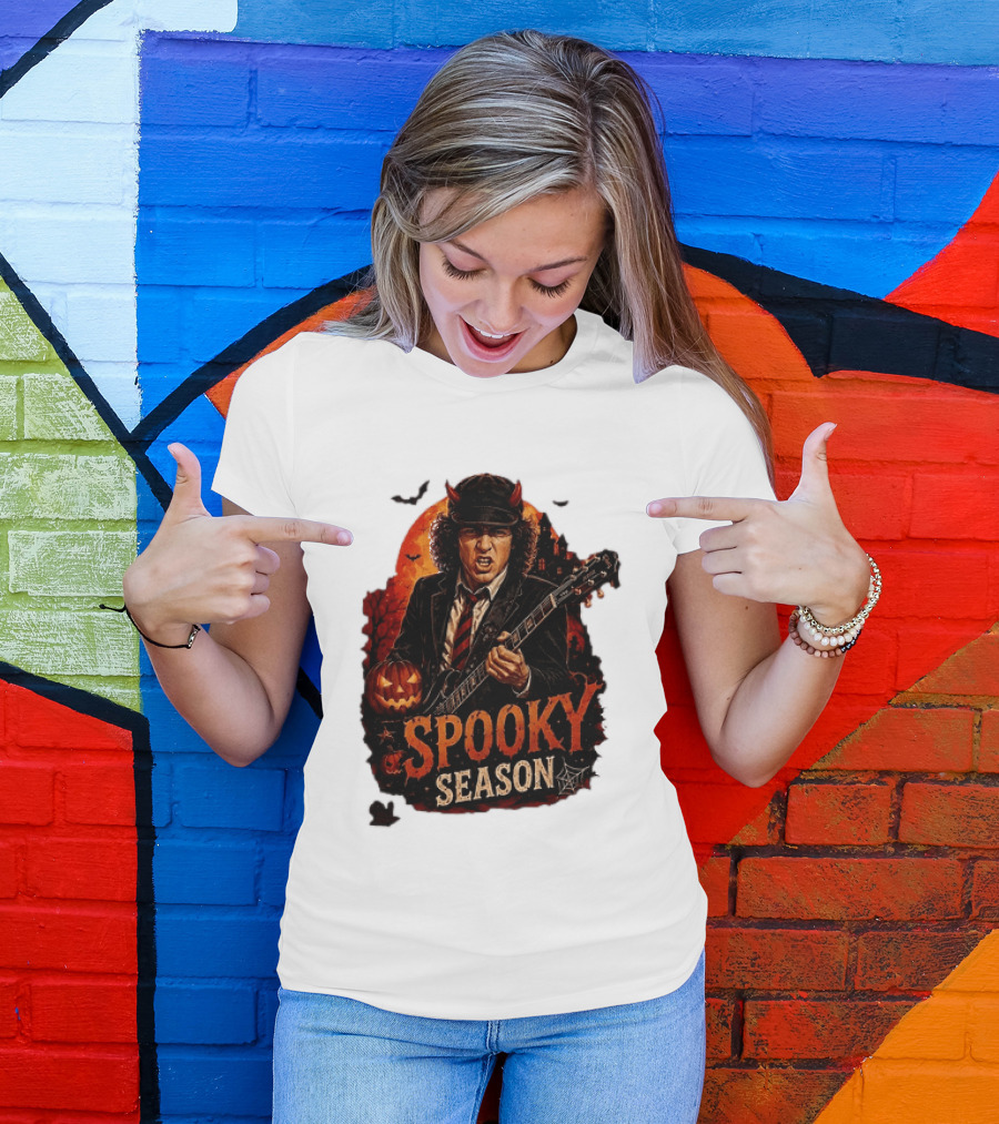 Spooky Season Angus Young Halloween AC DC Inspired Pumpkin Guitar T-Shirt