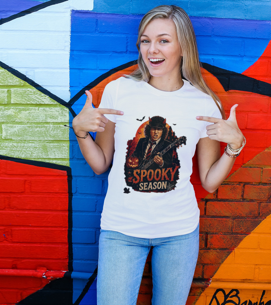 Spooky Season Angus Young Halloween AC DC Inspired Pumpkin Guitar T-Shirt