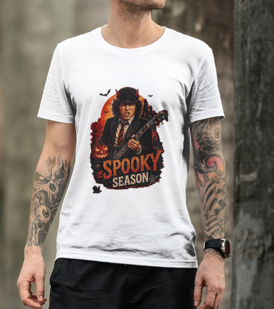 Spooky Season Angus Young Halloween AC DC Inspired Pumpkin Guitar T-Shirt