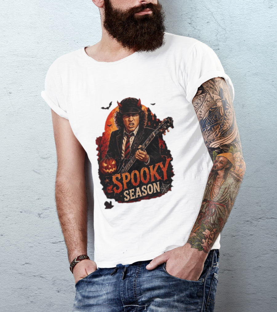 Spooky Season Angus Young Halloween AC DC Inspired Pumpkin Guitar T-Shirt