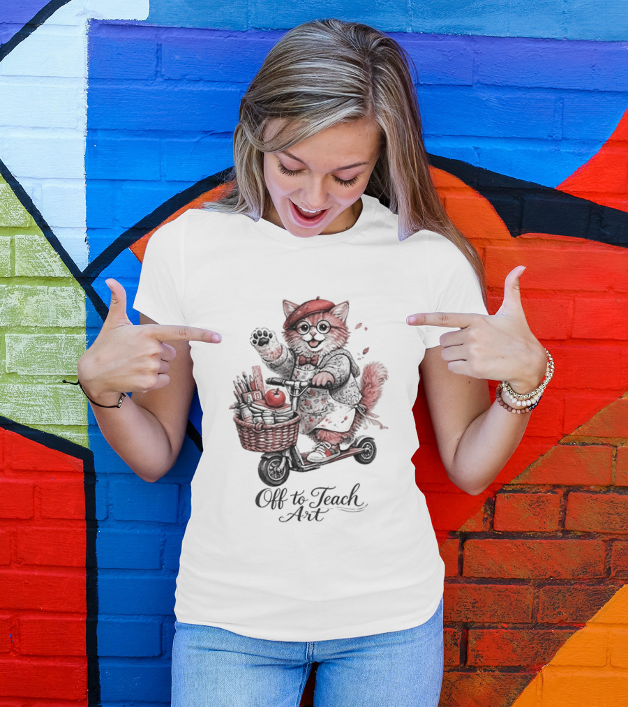 Off To Teach Cat On Scooter With Art Supplies And Apple T-Shirt
