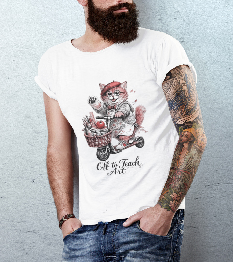 Off To Teach Cat On Scooter With Art Supplies And Apple T-Shirt