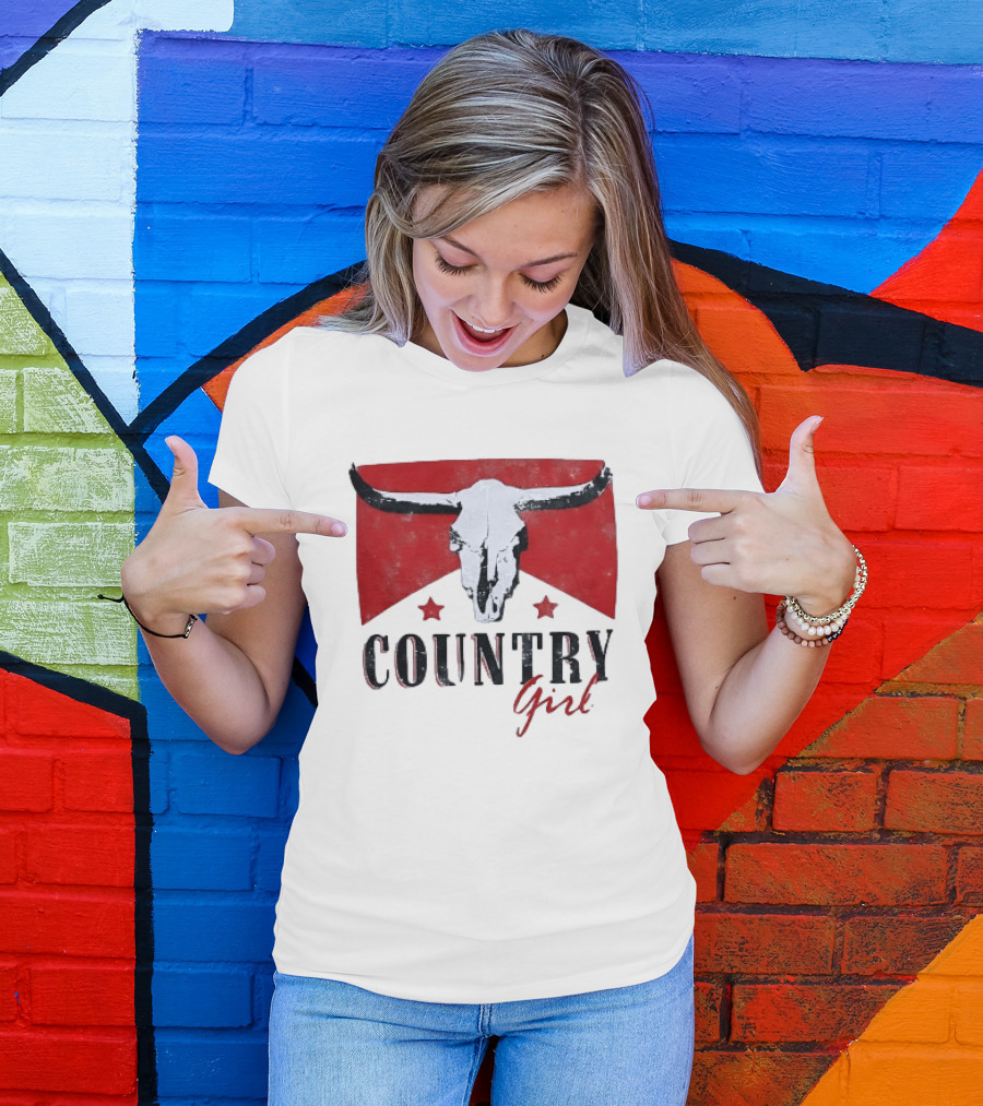 Country Girl Western Bull Skull Red Star Banner T-Shirt