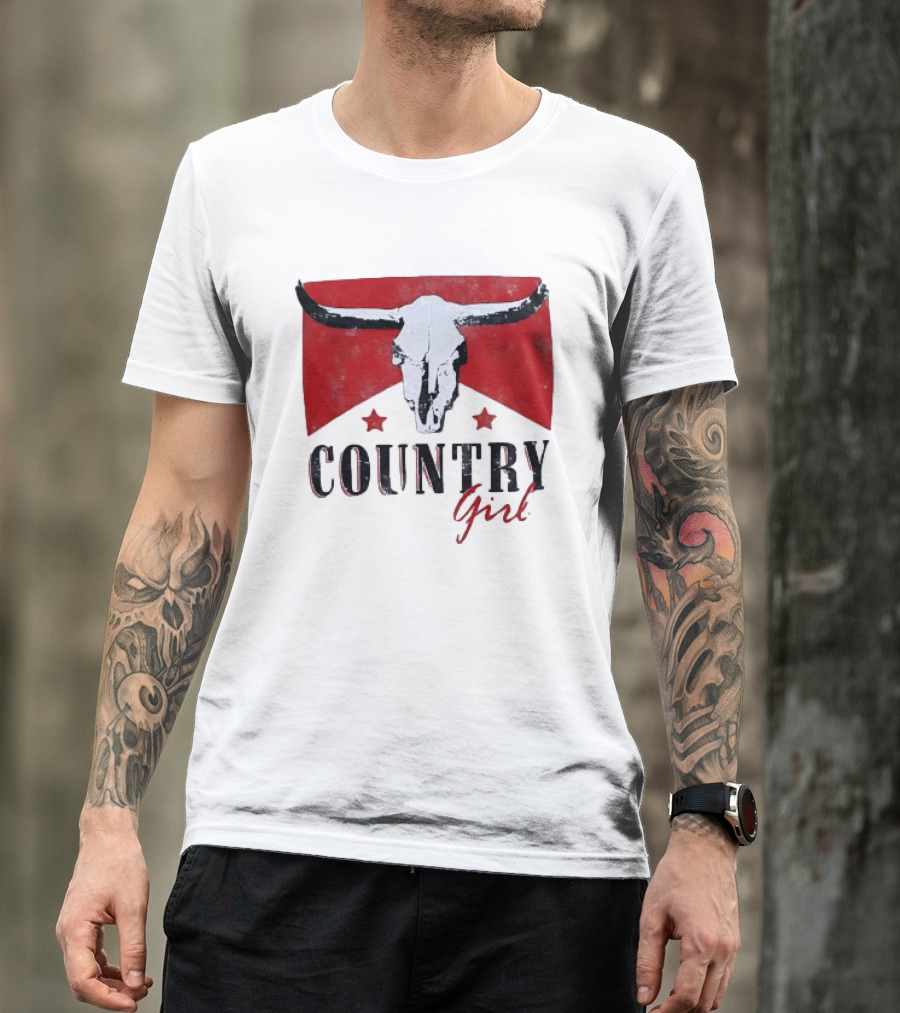Country Girl Western Bull Skull Red Star Banner T-Shirt