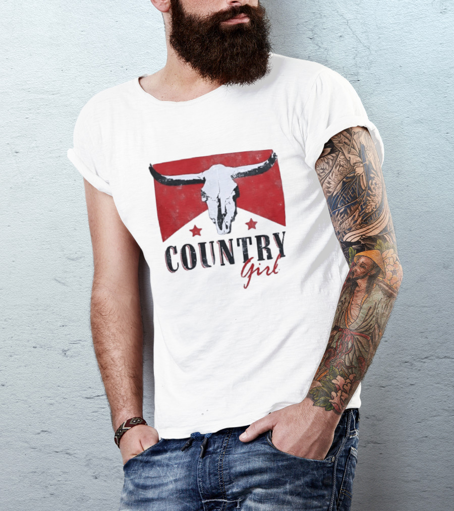 Country Girl Western Bull Skull Red Star Banner T-Shirt