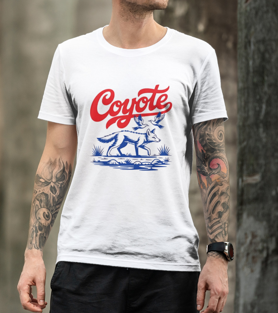 Coyote With Birds In Desert Scene Wild Western Desert T-Shirt