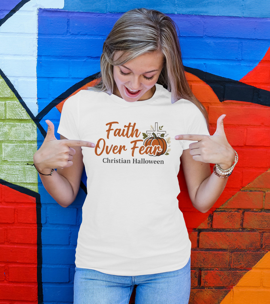 Faith Over Fear Christian Halloween Pumpkin Cross T-Shirt