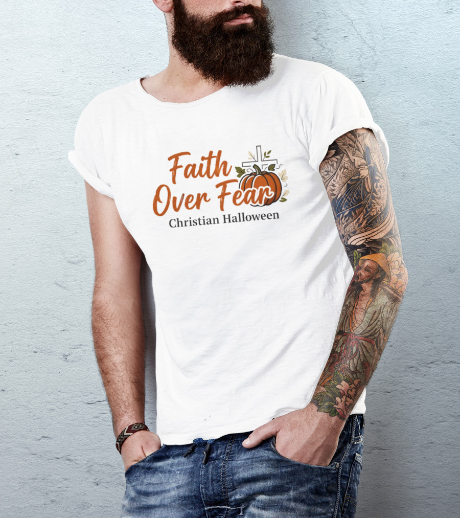 Faith Over Fear Christian Halloween Pumpkin Cross T-Shirt