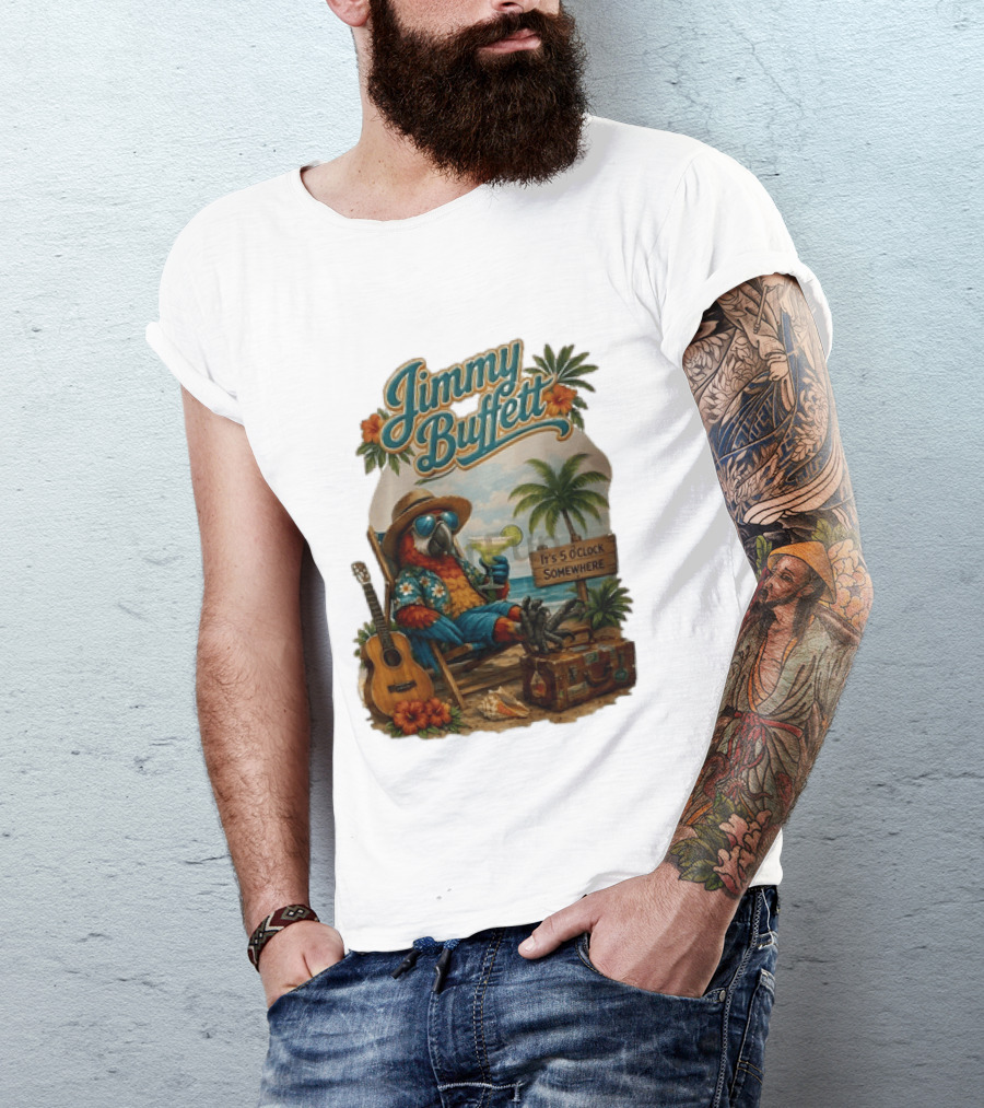 Jimmy Buffett It's 5 O' Somewhere Tropical Parrot Beach Guitar Cocktails Palm Trees T-Shirt