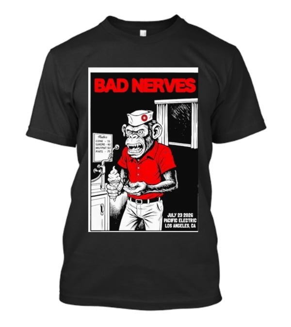 Bad Nerves July 23 2026 Pacific Electric Los Angeles Monkey Ice Cream Server Comic T-Shirt
