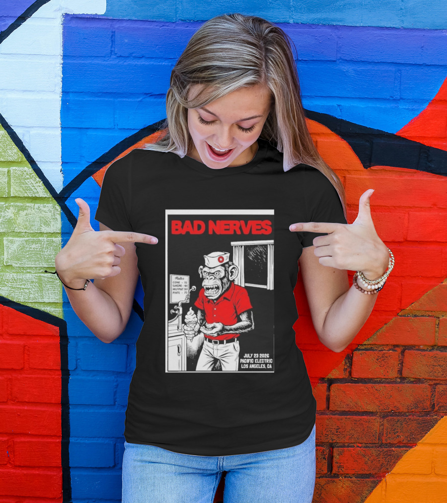 Bad Nerves July 23 2026 Pacific Electric Los Angeles Monkey Ice Cream Server Comic T-Shirt