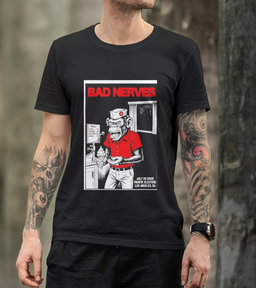 Bad Nerves July 23 2026 Pacific Electric Los Angeles Monkey Ice Cream Server Comic T-Shirt