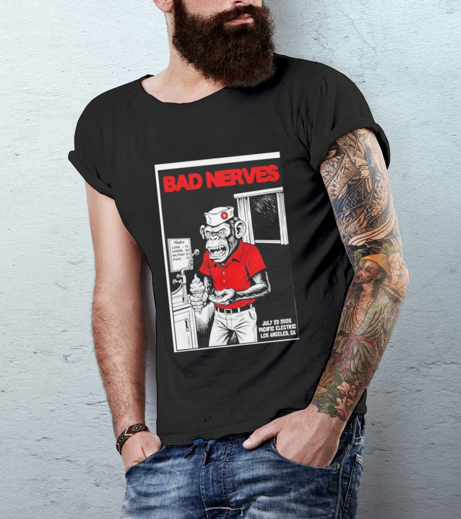 Bad Nerves July 23 2026 Pacific Electric Los Angeles Monkey Ice Cream Server Comic T-Shirt