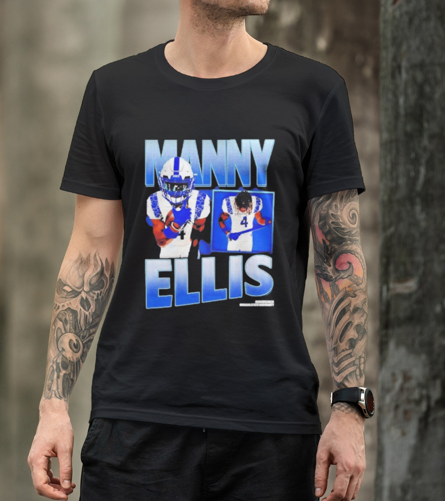 Manny Ellis Indiana State Running Back Football Jersey Number 4 Blue And White T-Shirt