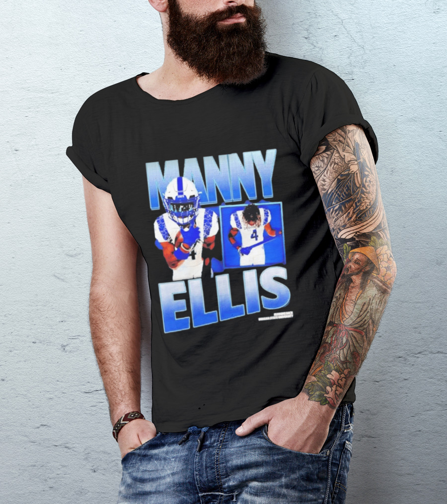 Manny Ellis Indiana State Running Back Football Jersey Number 4 Blue And White T-Shirt