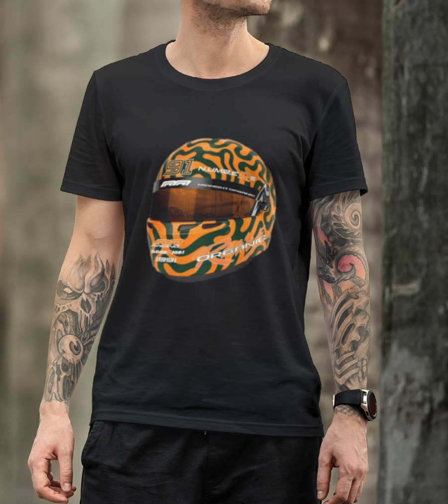 Midnight Organic Store Formula Helmet 91 Number 1991 RPM Orange Green T-Shirt