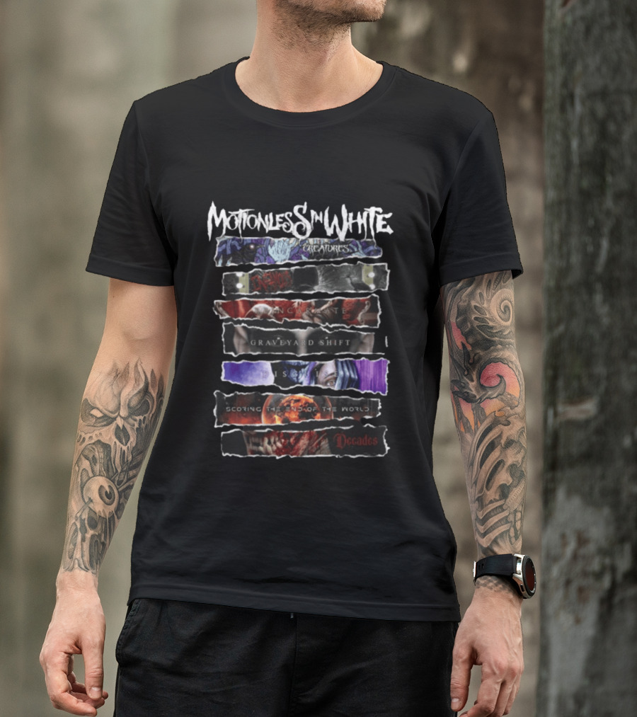 Motionless In White Creatures Infamous Reincarnate Graveyard Shift Disguise Scoring The End Of The World Decades T-Shirt