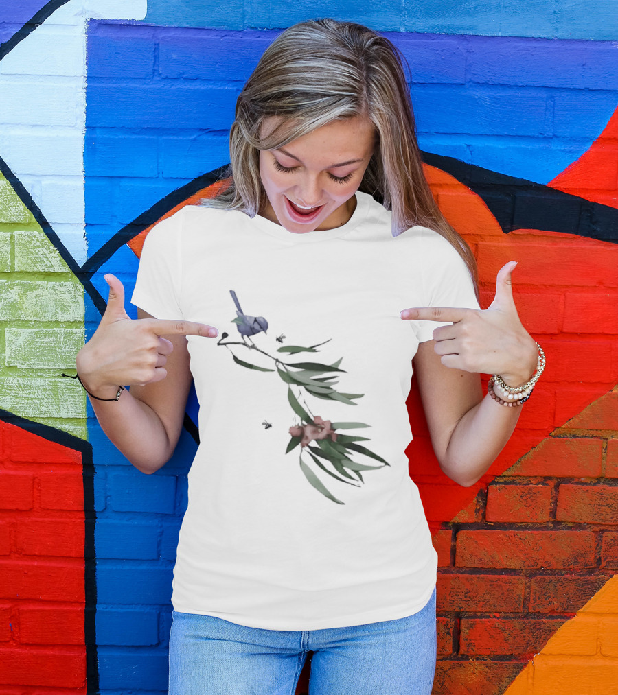 Blue Wren On Eucalyptus Branch With Red Blossoms Bird T-Shirt