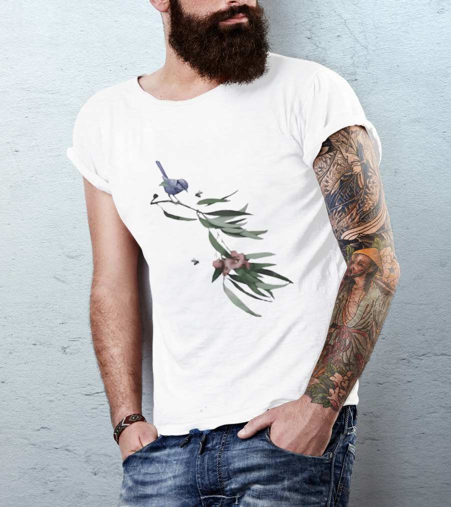 Blue Wren On Eucalyptus Branch With Red Blossoms Bird T-Shirt