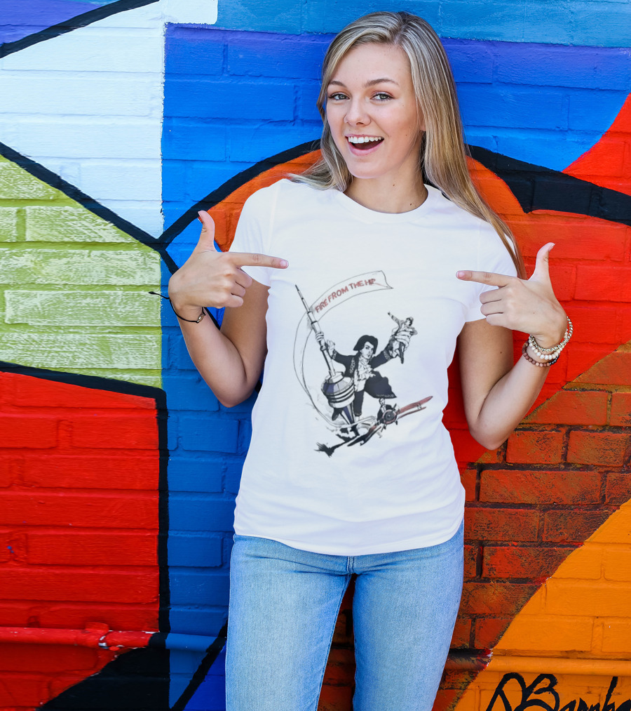 Fire From The Hip Surrealist Surreal Gun Wielding Figure Banner T-Shirt